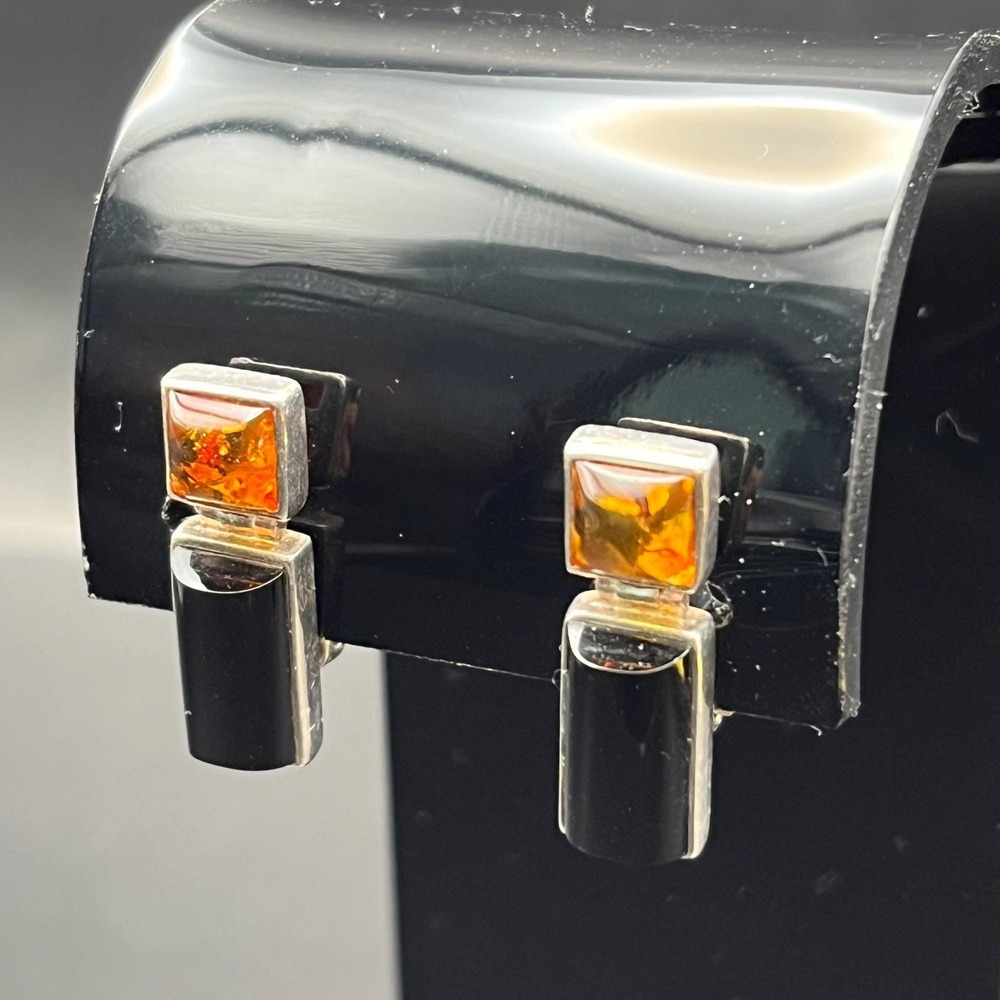 BOMA Sterling Silver Onyx & Amber Clip-On Earrings Modernist